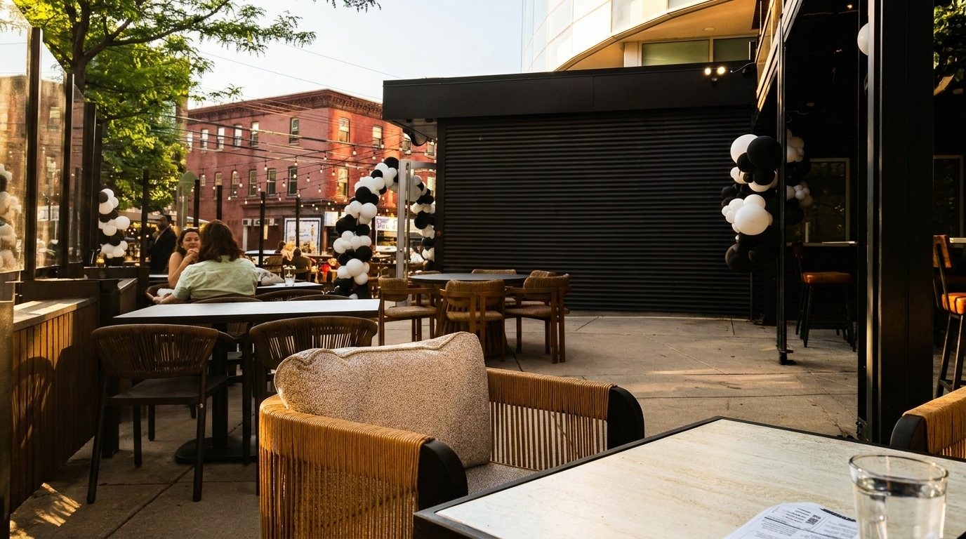 Outdoor restaurant patio with people dining, black and white balloon arches, and brick buildings in the background.