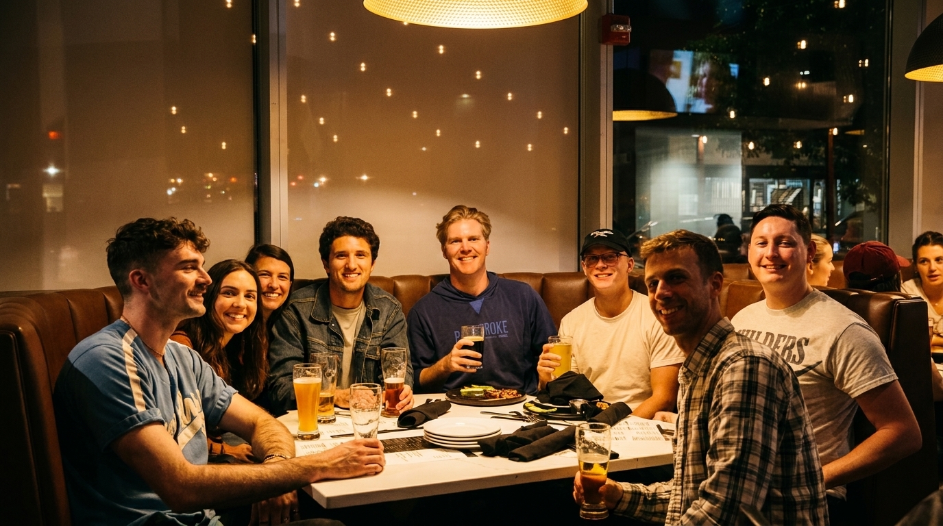 Group of friends smiling and enjoying drinks and food at a restaurant booth at night.