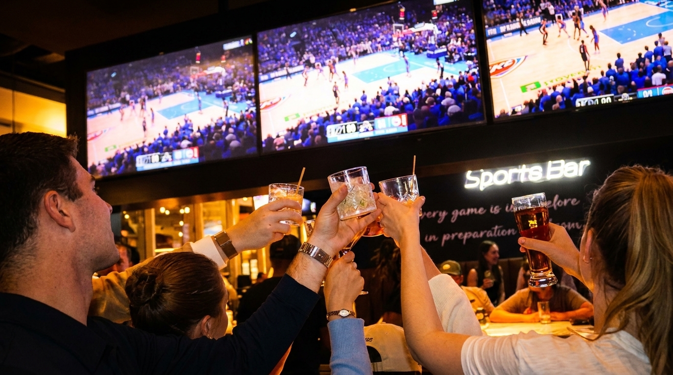 Patrons at a sports bar cheering with drinks, watching basketball on multiple large screens.