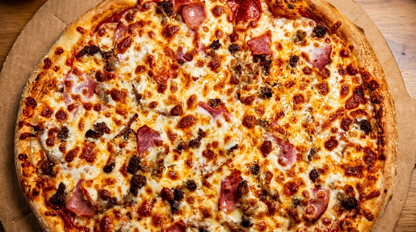Close-up of a whole pizza with melted cheese, pepperoni, sausage, and ham on a cardboard tray.