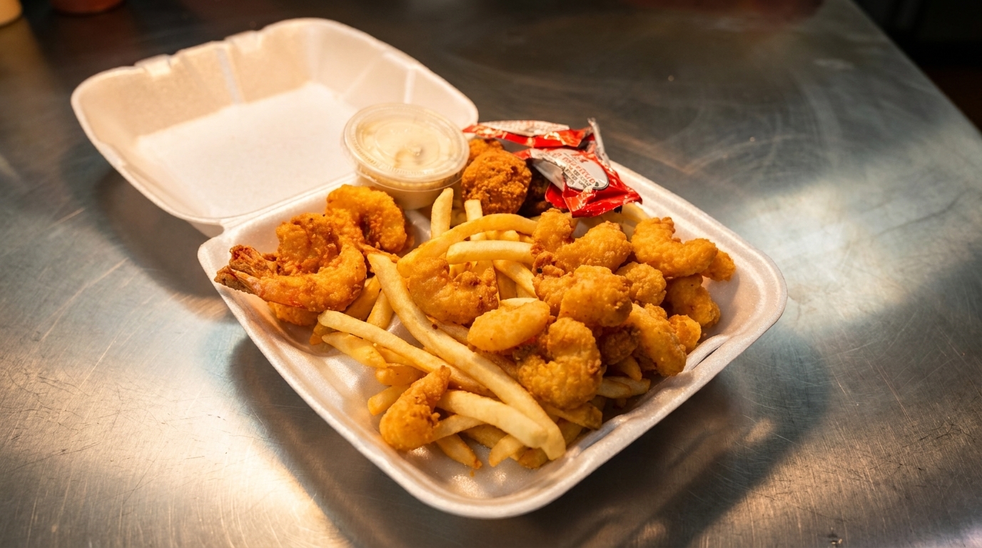 Fried shrimp, popcorn shrimp, and french fries in a white takeout container with dipping sauce.