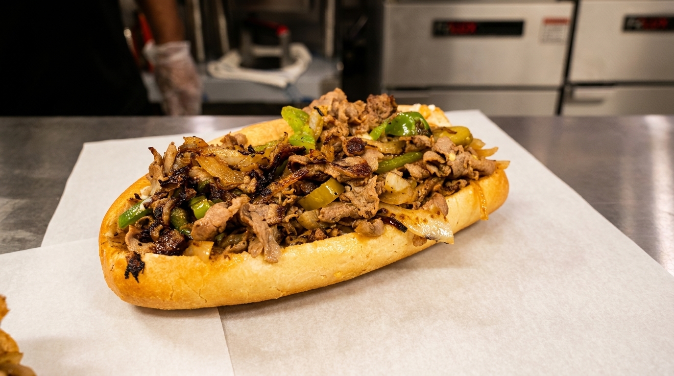 A delicious cheesesteak sandwich with steak, onions, and green peppers on a white paper-lined counter.