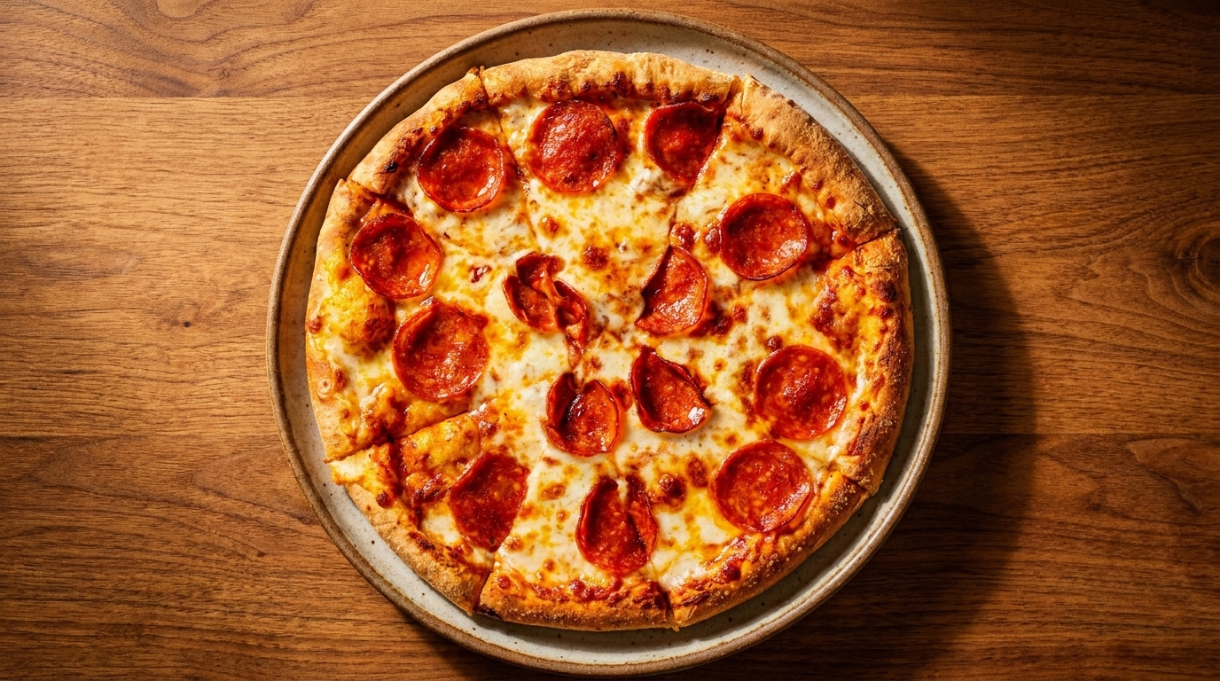 A whole pepperoni pizza with melted cheese and a golden crust, served on a round plate.