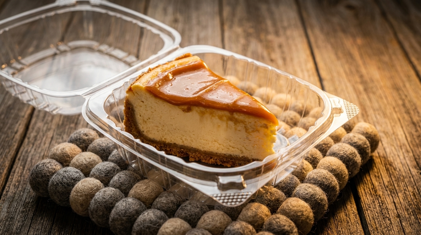 Caramel cheesecake slice in a clear plastic container on a rustic wooden table.
