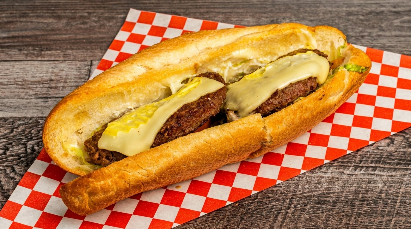 Cheesesteak sandwich with two patties, melted cheese, and pickles on a red and white checkered paper.