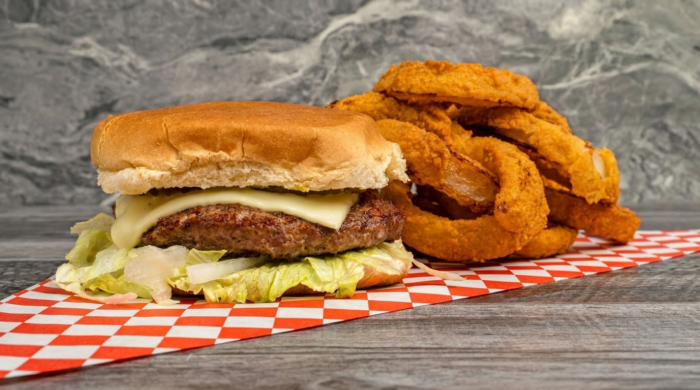 Cheeseburger with lettuce and onions on a red and white checkered paper with a side of onion rings.