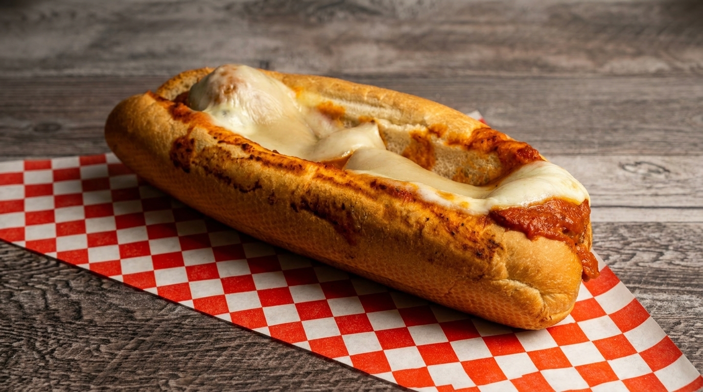 Meatball sub with melted mozzarella cheese and marinara sauce on a red and white checkered paper.