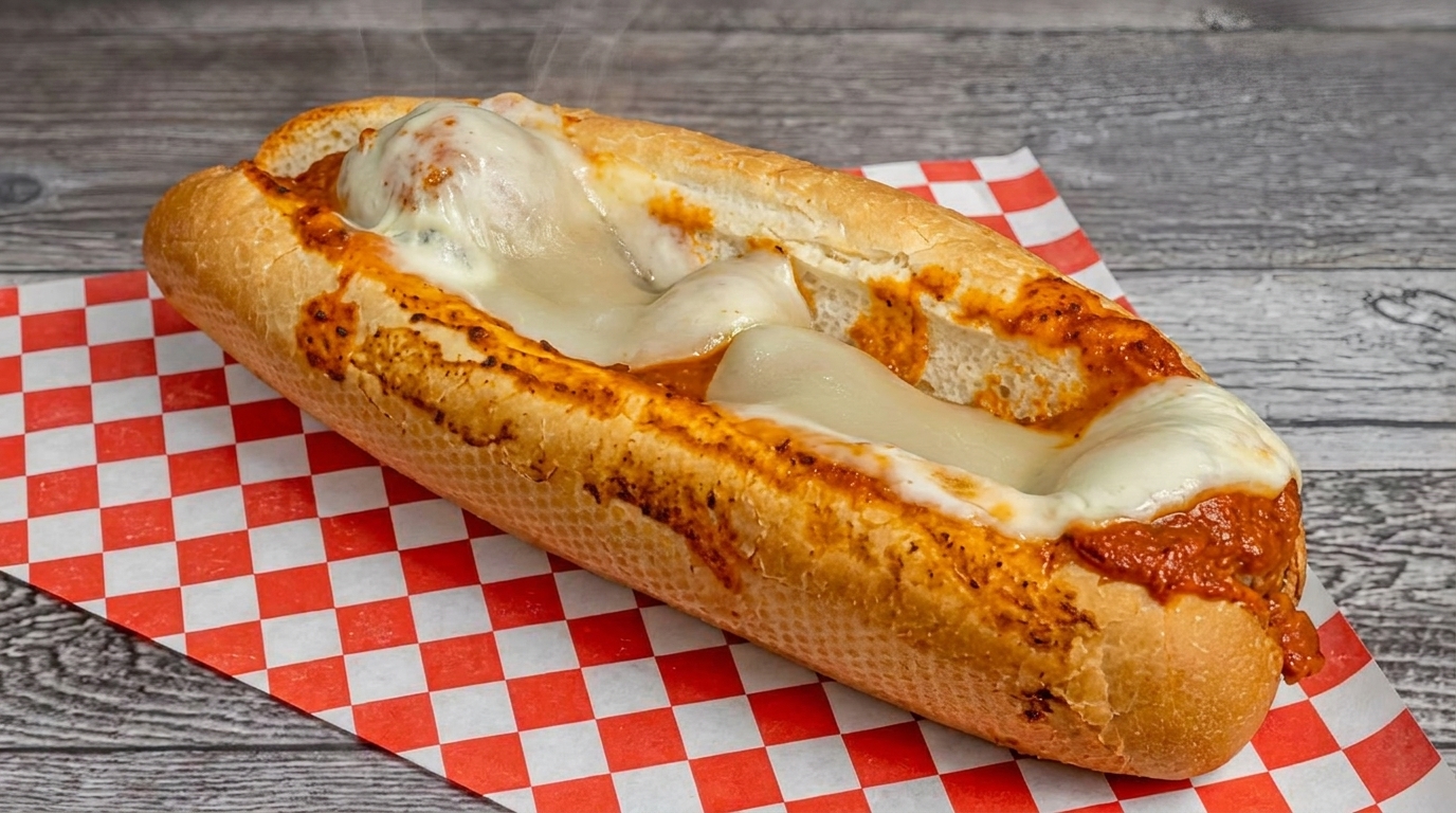 Steaming hot meatball sub with melted mozzarella cheese and marinara sauce on a red and white checkered paper.