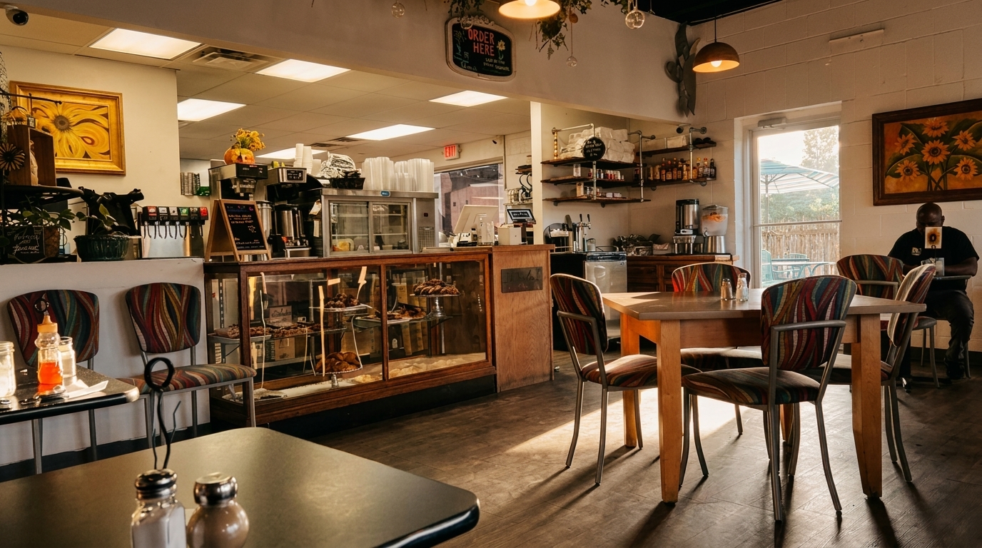 Warmly lit cafe interior with a display case of pastries, tables, and a person seated near a window.
