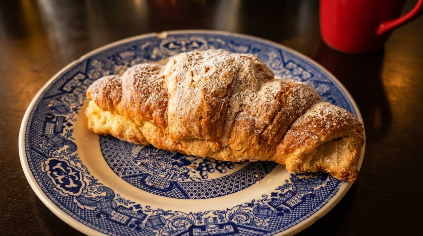 A golden croissant dusted with powdered sugar rests on a blue and white patterned plate.