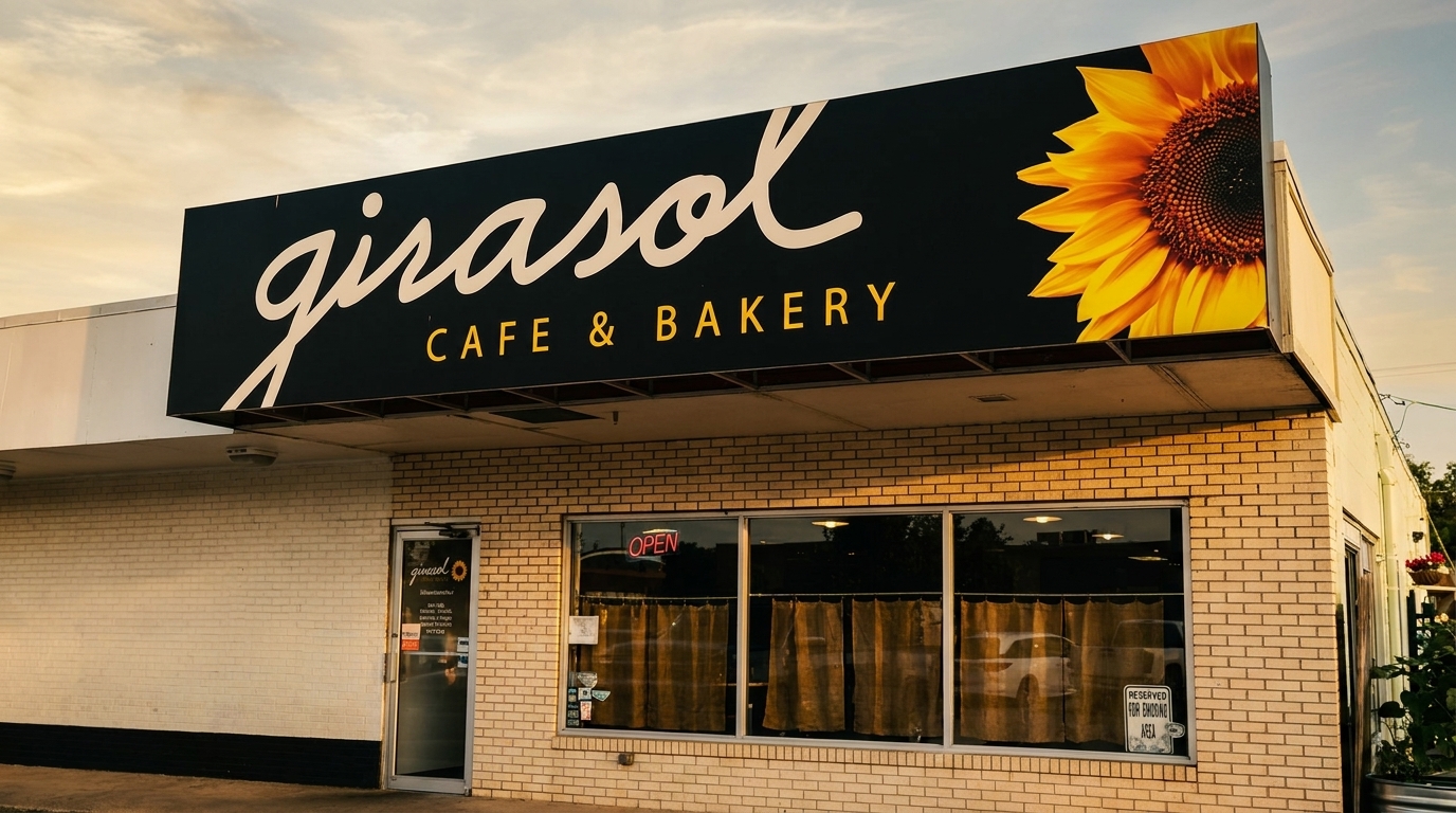 Exterior of Girasol Cafe & Bakery with a large sign featuring a sunflower and brick facade.