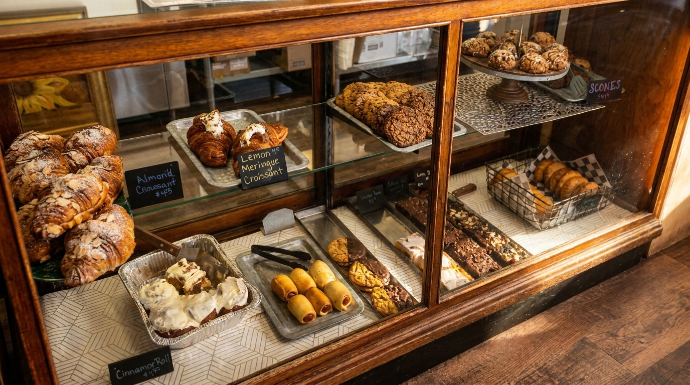 A glass display case filled with various pastries, cookies, croissants, and cinnamon rolls.