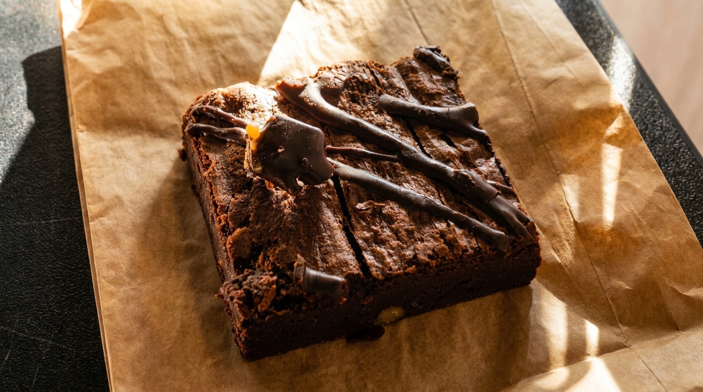 A rich chocolate brownie with chocolate drizzle and caramel on brown parchment paper.