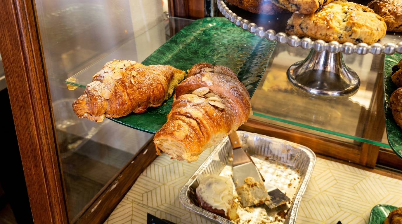 Two almond croissants on a green display tray, with scones and a partially eaten dessert below.
