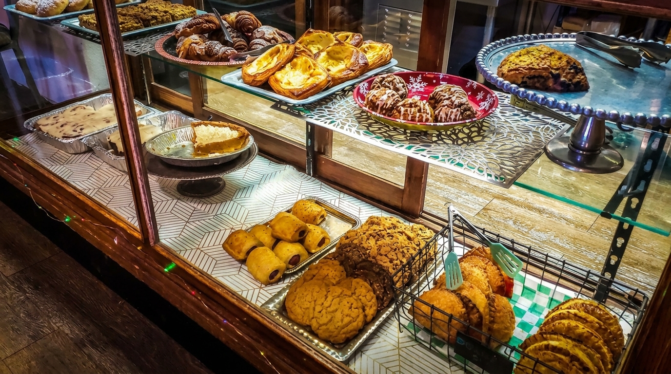 A bakery display case filled with various pastries, cookies, pies, and sausage rolls.