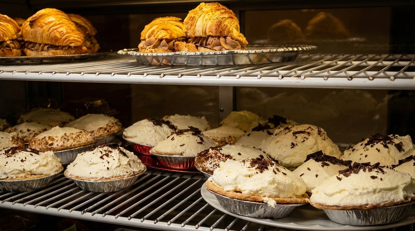 Shelves filled with chocolate croissants and individual cream pies topped with chocolate shavings.