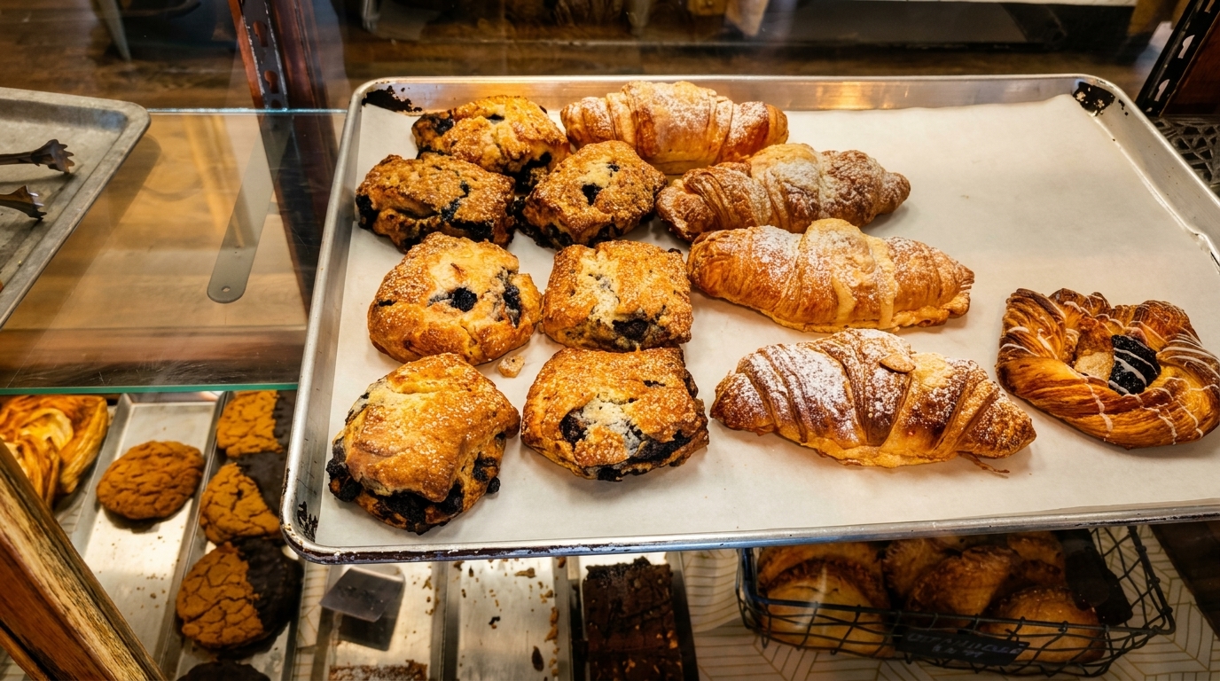 A display case filled with freshly baked pastries, including croissants, blueberry scones, and danishes.