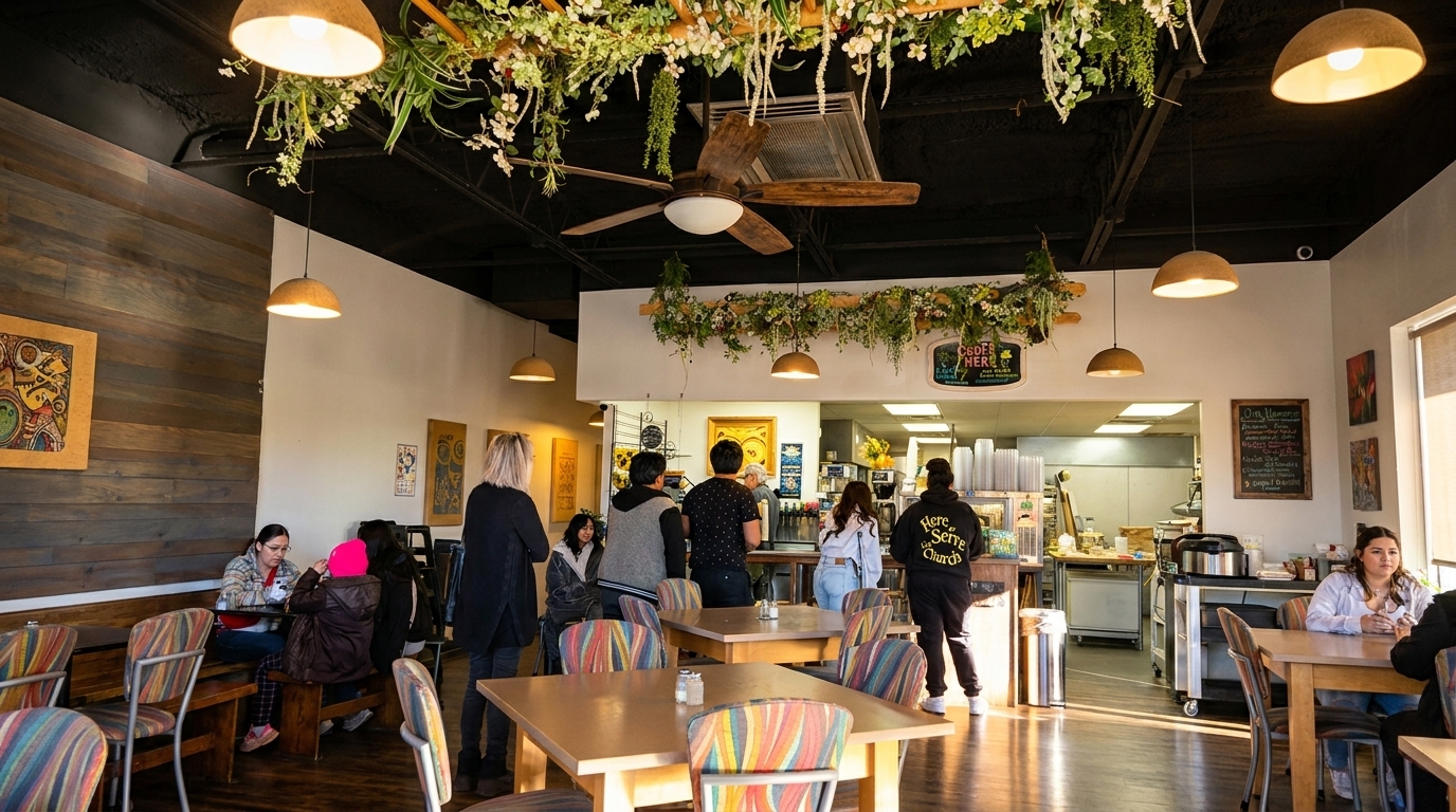 A bustling restaurant interior with customers ordering at a counter and dining at tables under hanging greenery.