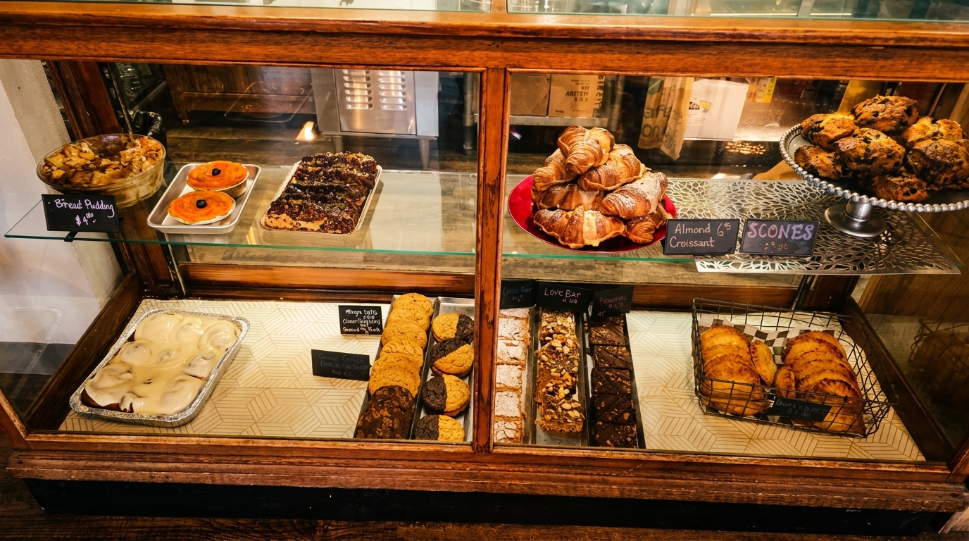 A bakery display case filled with various pastries, including bread pudding, croissants, scones, and cookies.