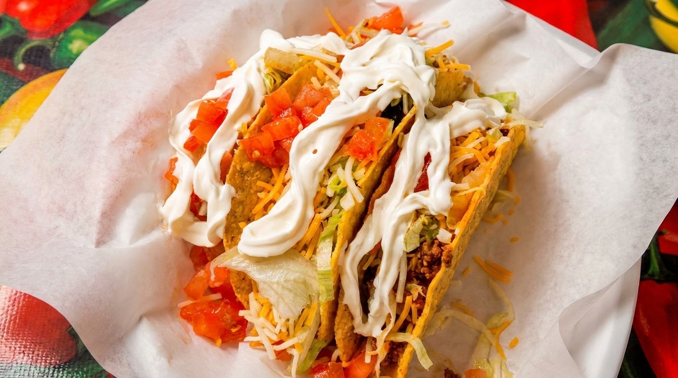 Three hard-shell tacos filled with ground beef, lettuce, cheese, tomatoes, and sour cream.