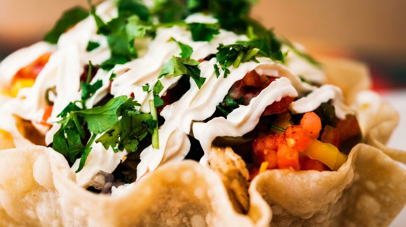 Close-up of a taco salad in a crispy tortilla bowl, topped with sour cream and cilantro.