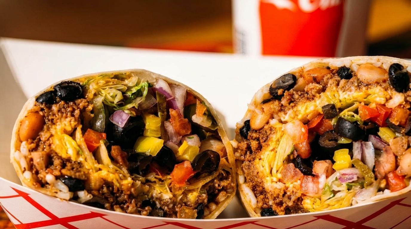 Two halves of a large burrito filled with meat, beans, rice, cheese, and vegetables.