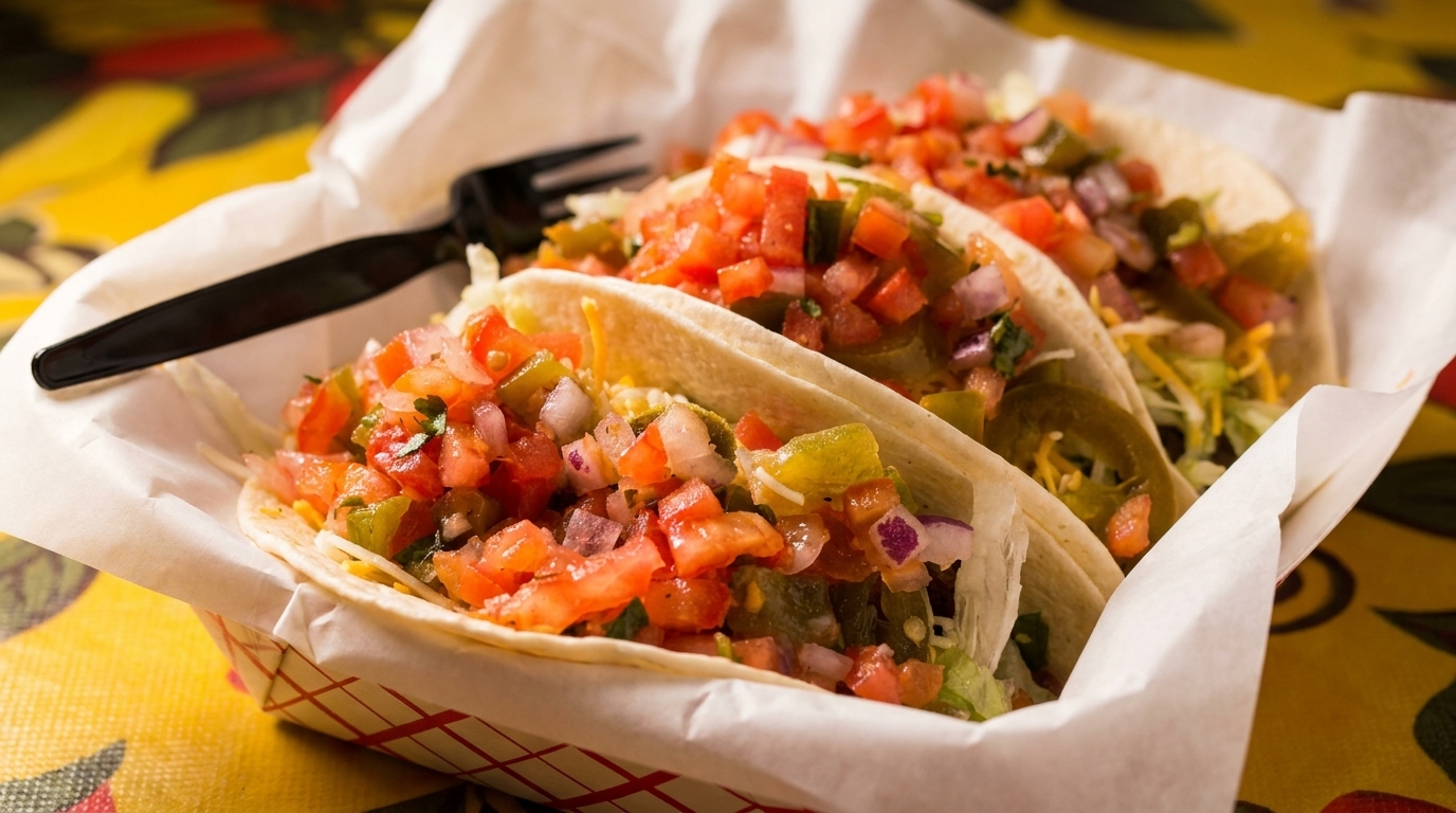 Three soft tacos filled with meat, lettuce, cheese, pico de gallo, and jalapeños in a paper tray.