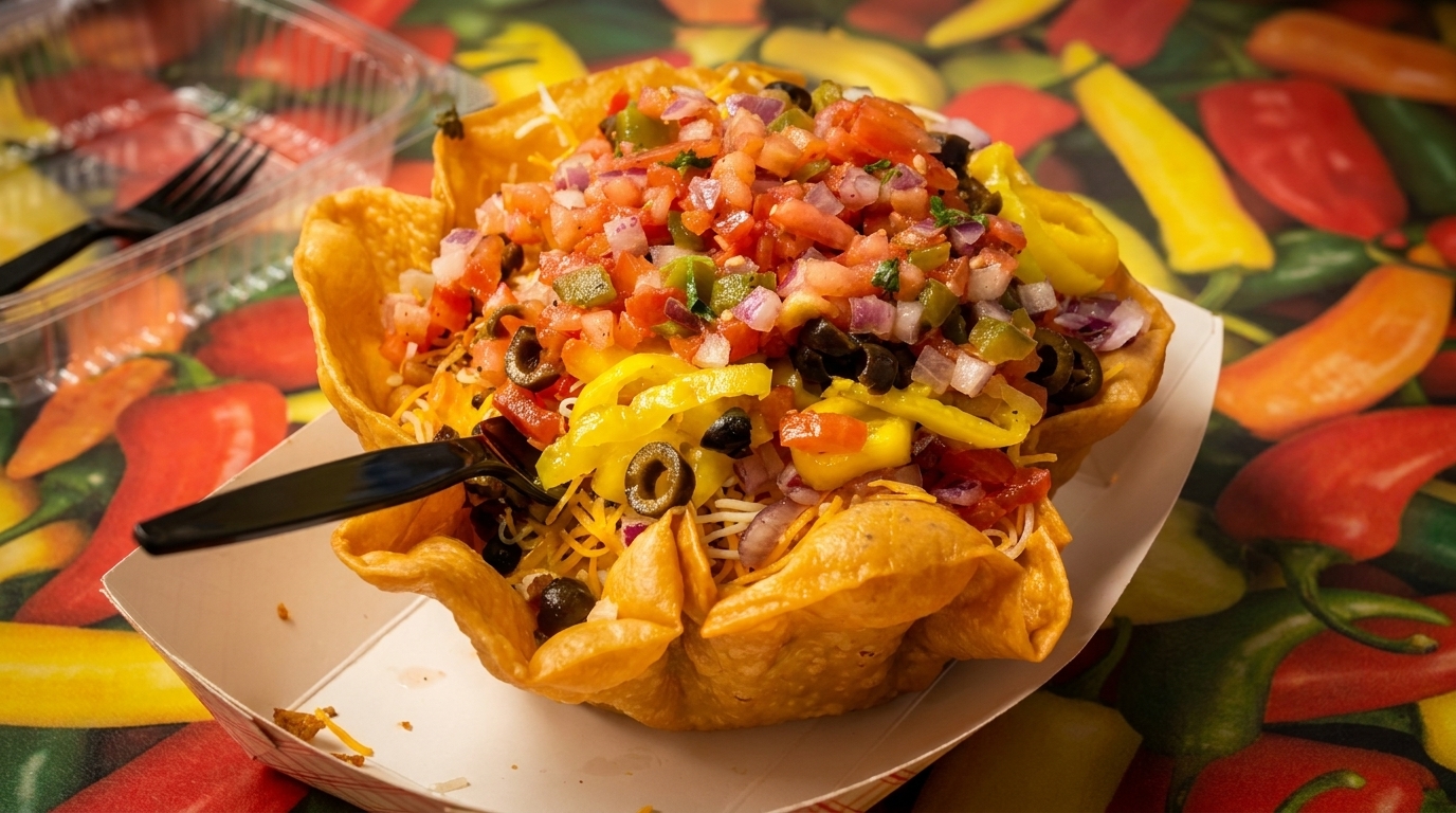 Taco salad in a crispy tortilla bowl, topped with salsa, olives, and peppers, on a colorful chili pepper background.