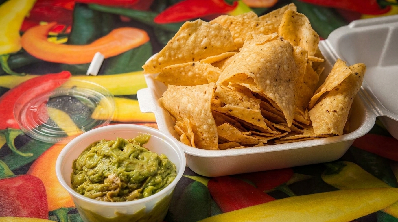 Guacamole and tortilla chips in takeout containers on a colorful chili pepper tablecloth.
