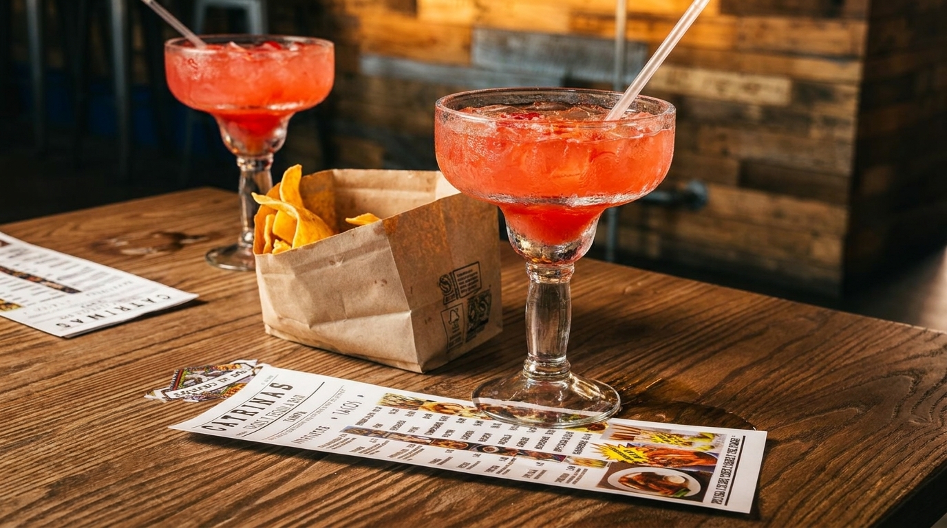 Two red margaritas with straws, a bag of tortilla chips, and menus on a wooden table.