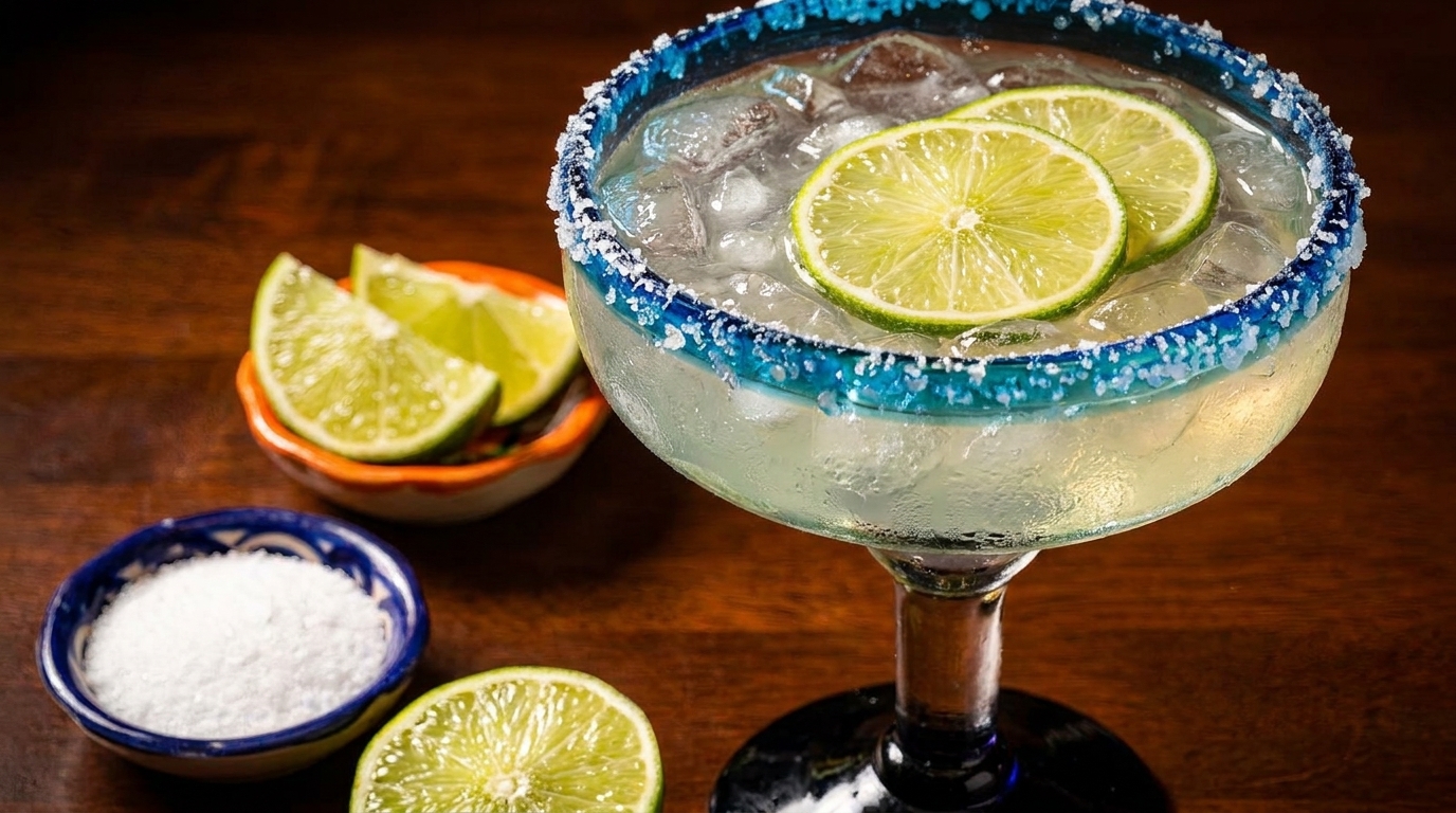A margarita with lime slices and a salt-rimmed glass, next to lime wedges and a bowl of salt.