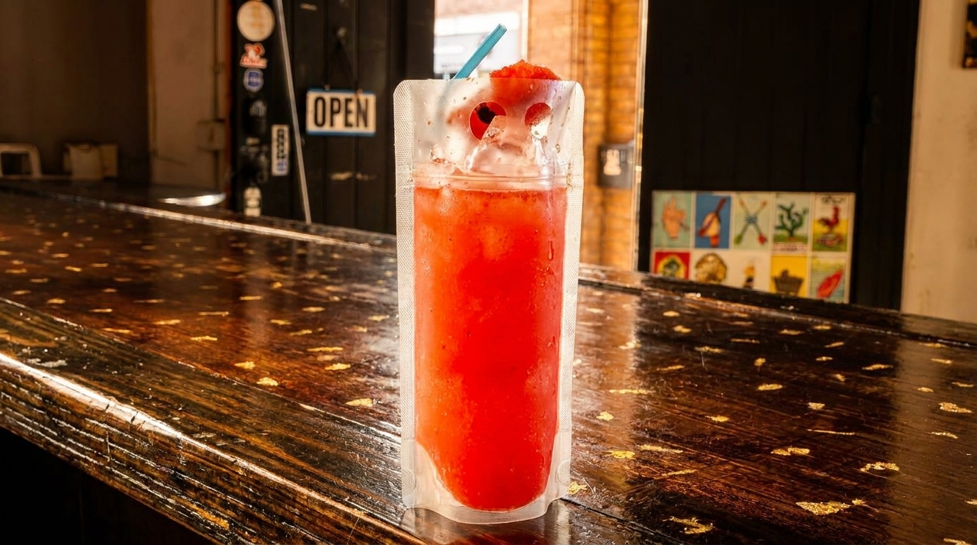 Red frozen drink in a clear pouch with a blue straw on a dark wooden bar top.