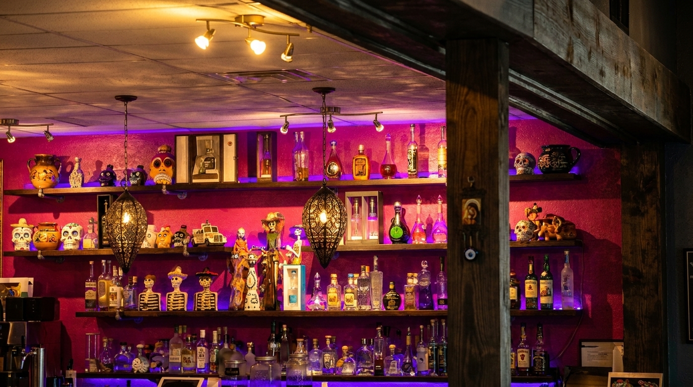 A vibrant bar with purple lighting, shelves of liquor bottles, and decorative Day of the Dead skulls.
