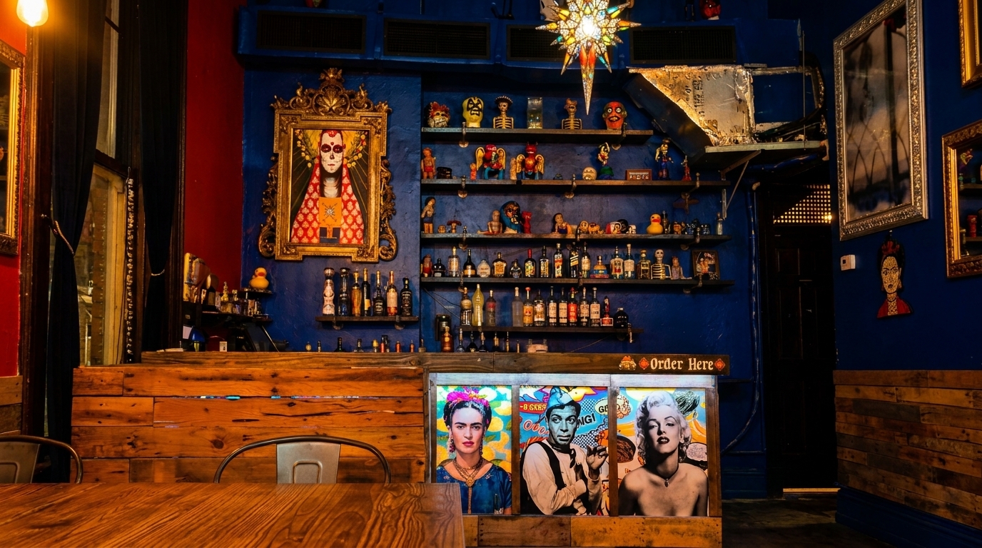 Vibrant, eclectic restaurant interior with blue walls, a wooden bar, and shelves filled with bottles and decor.