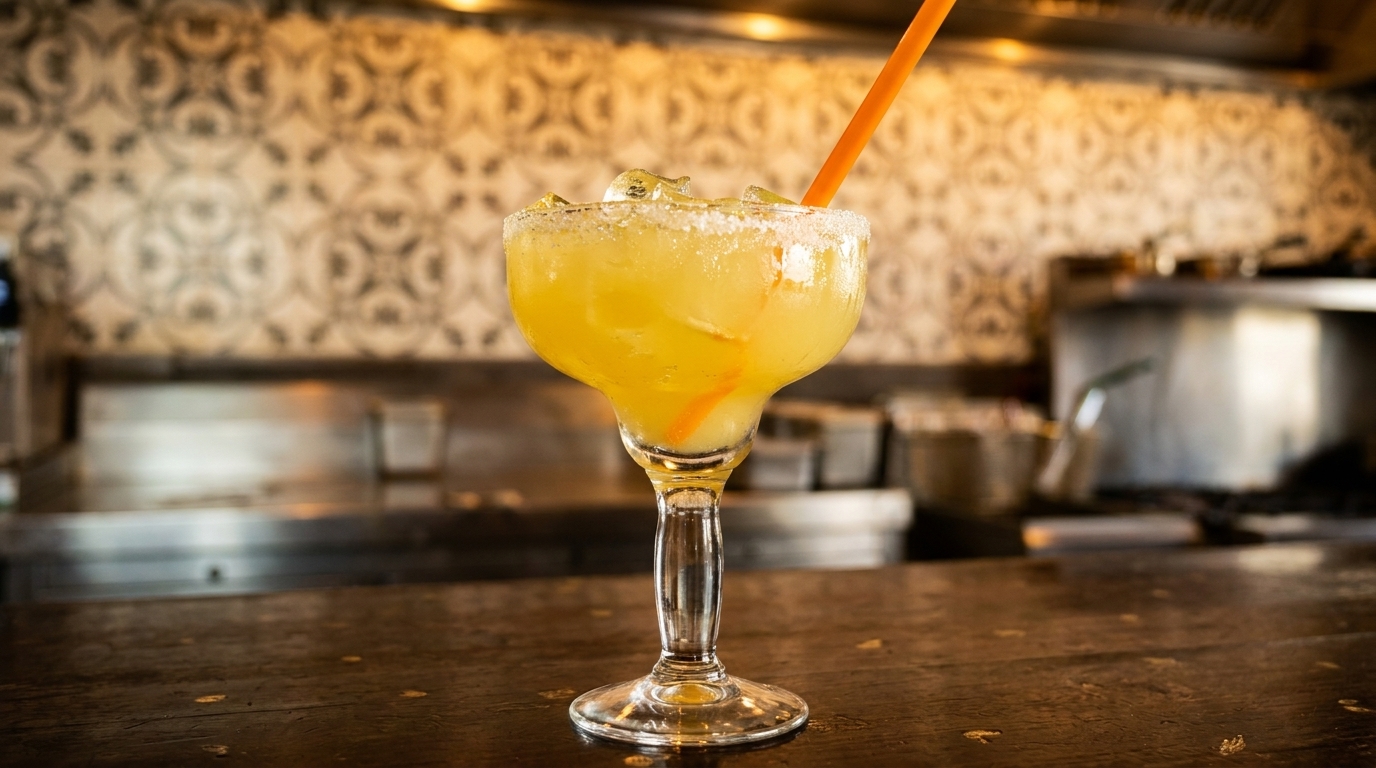 A vibrant yellow margarita with a salted rim and orange straw sits on a dark wooden bar.