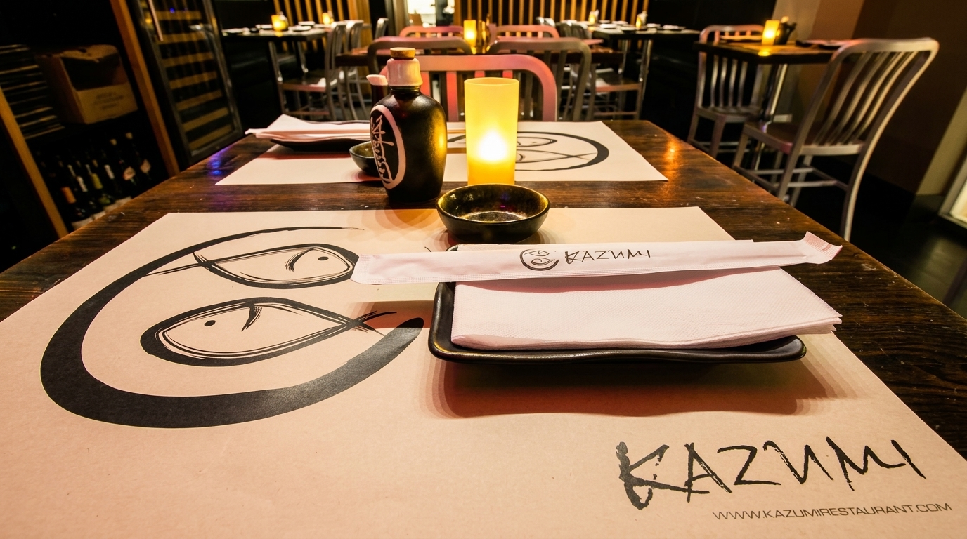 A set table at Kazumi Restaurant with placemat, chopsticks, soy sauce, and a glowing candle.