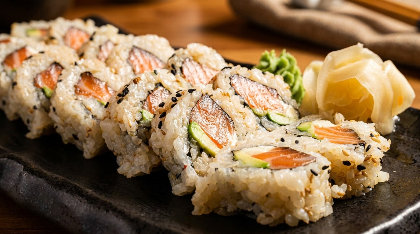 Salmon and avocado sushi rolls with sesame seeds, served with wasabi and pickled ginger.