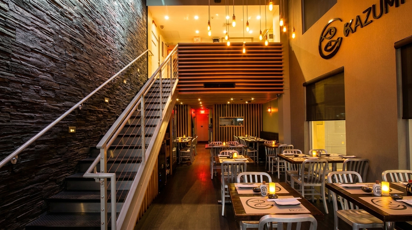 Interior of Kazumi restaurant with a stone wall, staircase, and dining tables with lit candles.