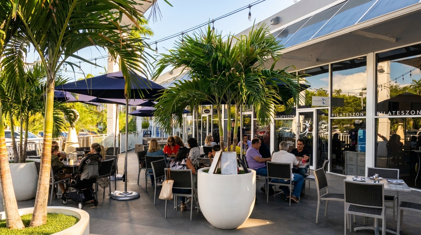 People dining outdoors at tables with umbrellas and palm trees in front of a building.