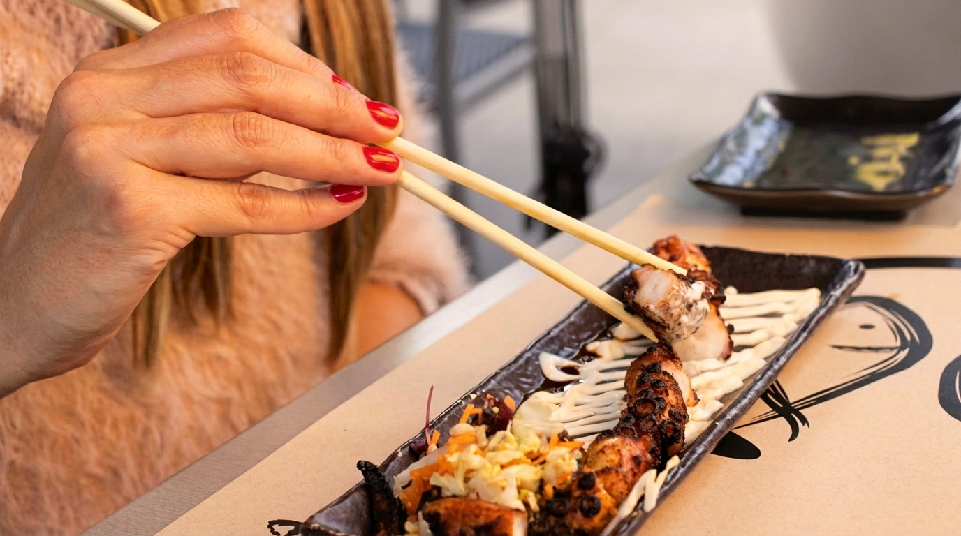 A person with red nail polish uses chopsticks to pick up a piece of grilled octopus from a plate.