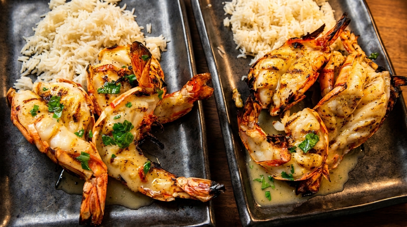 Two plates of grilled prawns with rice, drizzled with sauce and garnished with parsley.