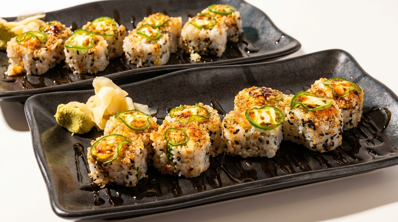 Two black plates of sushi rolls topped with sesame seeds, jalapeños, and sauce, with wasabi and ginger.