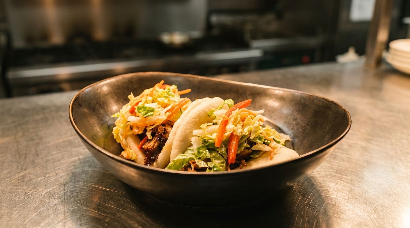Two bao buns filled with meat and colorful slaw, served in a dark bowl on a metal counter.