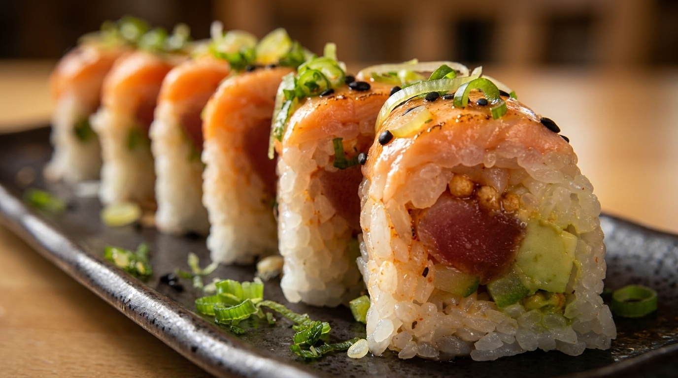 Close-up of a sushi roll with salmon, tuna, and avocado, garnished with green onions.