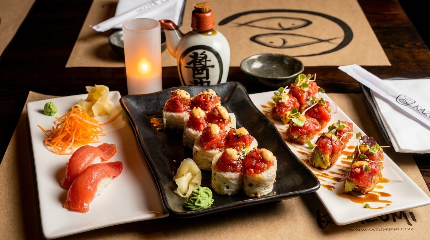 Assortment of sushi, including tuna nigiri, spicy tuna rolls, and tuna avocado bites, on a restaurant table.