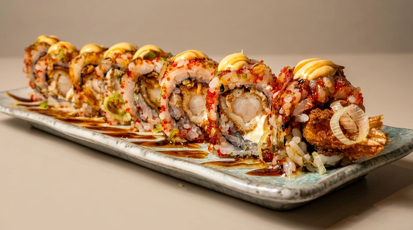 A row of shrimp tempura sushi rolls topped with sauce, roe, and fried onions.