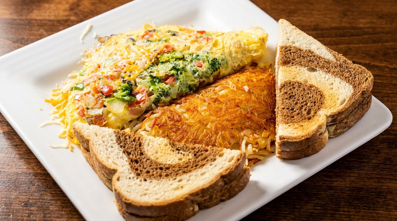 Vegetable omelet with hash browns and marble rye toast on a white rectangular plate.