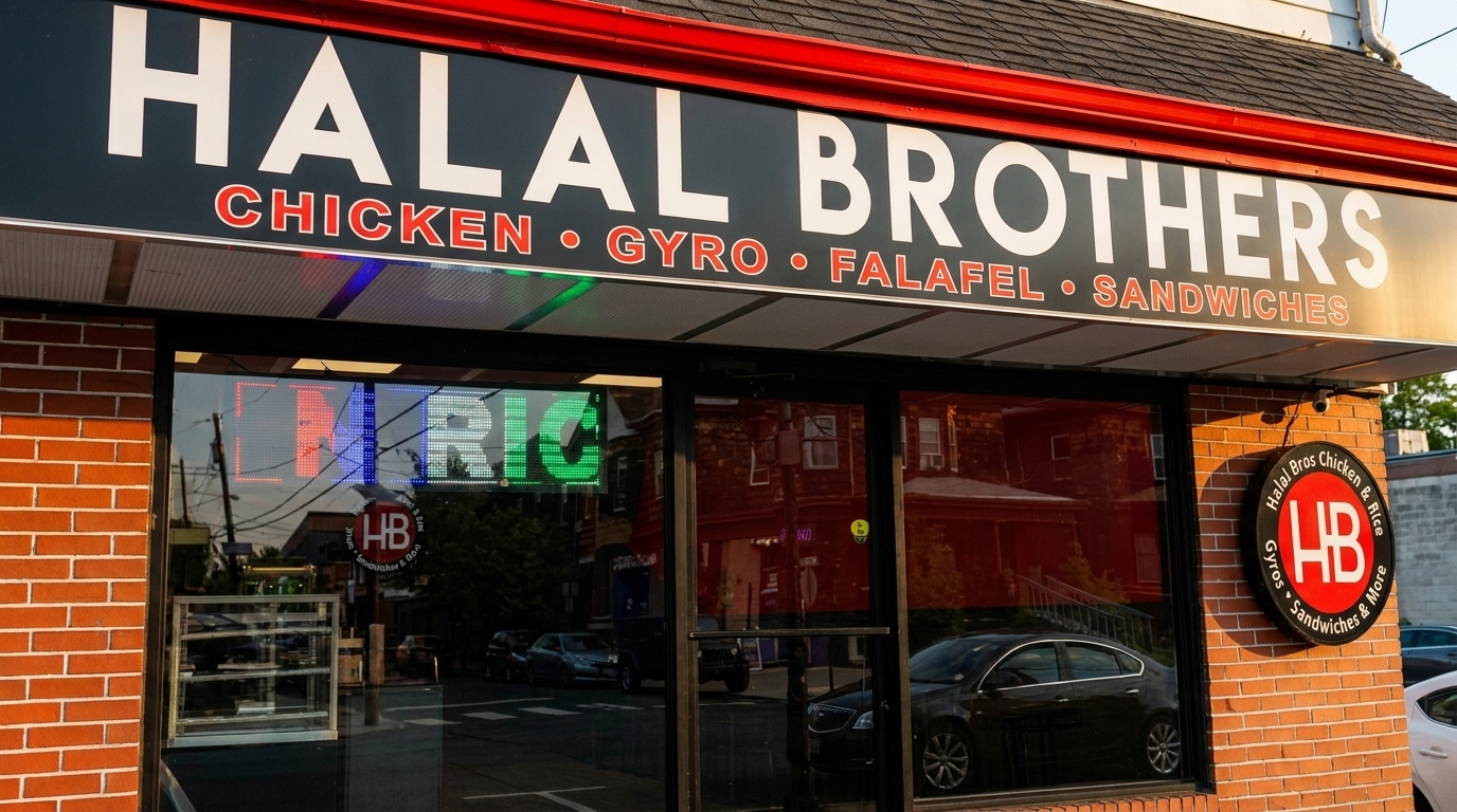 Exterior of Halal Brothers restaurant with a black sign listing chicken, gyro, falafel, and sandwiches.