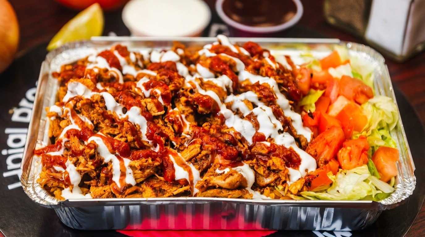 Chicken and rice platter with white and red sauce, lettuce, and tomatoes in a foil container.