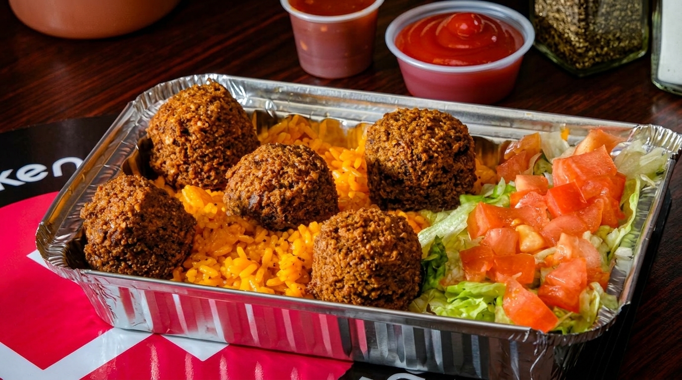 Falafel platter with yellow rice, lettuce, and diced tomatoes in a foil container, with sauces.
